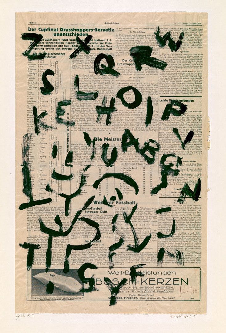 A mixed media work on cardboard by Paul Klee, titled Alpha bet I, 1938, 187 ‚ÄãAlphabet I, 1938, 187, dated 1938.